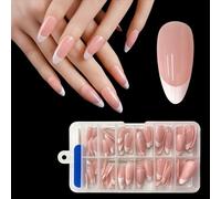 French Tip False Nails - ZAHRVIA Short Almond Press on Nails, Soft Gel Fake Nails, Reusable Semi-Transparent Stick on Nail for Woman (French-Medium Almond)