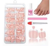 French Tip False Toenails Set - 120Pcs Nude Pink Fake Toe Nails with Glue, Nail File and Pusher - Stick on Nails Set for Beach Holidays & Special Occasions