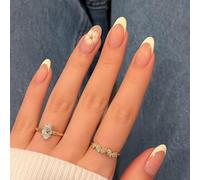 French Tip Glossy Nail Stickers with Gold Floral Accent - Almond Shape Short False Nails for Women, Elegant Touch for Daily Wear, Parties, Weddings and Special Occasions