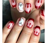 French Tip Halloween False Nails Short Square Acrylic Set | Nude Base with Dark Red Drip Detail for Photos, Parties, and Temporary Wear