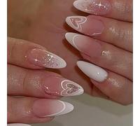 French Tip Mediums Almond Ombres Glitters White Hearts Reusable Artificial Nails 24PCS ABS False Nail French Tip Elegant Styles