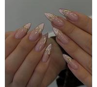 French Tip Nails - 24pcs Medium Almond False Nails - 12 Sizes French Gold-plated Purple Cat's Eye Fake Nails with Glue - Stick on nails with Gold Bow Patterns - Reusable DIY Manicure Art at Home