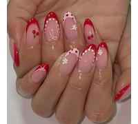 French Tip Nails With Glue, Press On Nails Almond, 24PCS Pink False Nails Medium Length Almond Full Cover Stick On Nails With Polka Dots Flowers Bows Cherry Pattern, Red Tips French Manicure