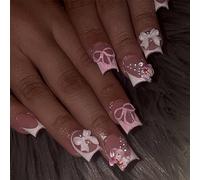 French Tip Pink False Nails - 24PCS Square Short Press On Nails - Cute Pink Bow HelloKitty 3D Fake Nails with Glue - Full Cover Short Glue On Nails for Women Manicure DIY Home