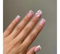 French Tip Press On Nails, 24-Piece Medium Square Set, Pink And White | Glossy Finish, Raised Bows, Flowers, Pearl-Like Beads And Iridescent Stones, Everyday Manicures, Parties And Weddings