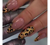 French Tip Press on Nails, 24Pcs Almond Press on Nails with Design, Gold Leopard Print Press on Nails Glue on Nails Tips for Women