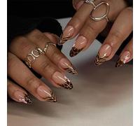 French Tip Press on Nails, 24Pcs Long Almond Press on Nails with Design, French leopard print press on nails Glue on Nails Tips for Women, Reusable Daily False Nail Kits