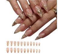 French Tip Press on Nails,3D Press on Nails Almond,Medium Almond False Nails with Pearls Jewel Design,Medium Almon/d Nai/ls Fr/ench Tip False Nail,Gold F/rench Line False Nai/ls,Gold Frenc/h Line