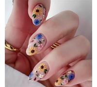 French Tip Press On Nails Acrylic Nails With Flowers Designs Short Almond False Nails Stick On Nails For Women 24Pcs