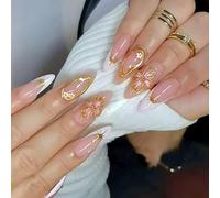 French Tip Press On Nails Acrylic With Flowers Designs Almond False For Women Manicure 24Pcs Almond False Nail