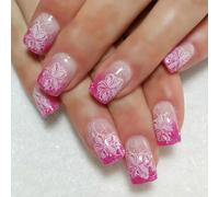 French Tip Press On Nails Acrylic With Flowers Designs Square False Set Glossy Artificial Ornament Flower Nail Art