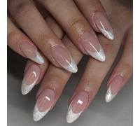 French Tip Press On Nails Almond Shape - Medium Length Semi-Transparent Pink Marble with Glossy White Tips, Smooth High Gloss Fake Nails Set for Women Wedding Formal Events & Occasions