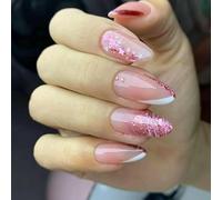 French Tip Press-On Nails, Almond Shaped False Nails, Pink With White Tip, Glossy Finish, Reusable Artificial Nail Set,for Manicure, Special Occasions (Double-layered glitter French style)