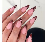 French Tip Press On Nails - Burgundy Almond Shaped Artificial Nails With White Polka Dot Design For Women Long False Elegant Touch On Set, Instant Glamour, Salon Quality Manicure Kit, Party &