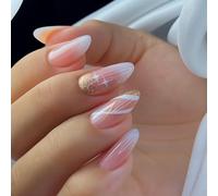 French Tip Press On Nails, Elegant Nude Almond with Sparkling Gold. Short Acrylic Fake Nails Set, Luxury Medium Oval Manicure for Women & Bridal. (Crystal Gold Stiletto)