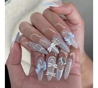 French Tip Press On Nails Fake Nails with Bow Charm Designs Cute Light Blue Full Cover Nails Press Ons Reusable Artificial Nails for Women 24pcs
