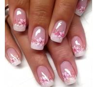 French Tip Press on Nails Medium Acrylic Nails with Flowers Design Square Fake Nails Pink Flower Nails Kit Glossy Artificial Nails Full Cover False Nail Stick on Nails for Women Nail Art Decoration