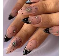 French Tip Press on Nails Medium Almond Nails Press Ons Star Fake Nails with Rhinestones Designs Acrylic Nail Full Cover Stick on Nail Nude Glue on Nail for Women 24Pcs