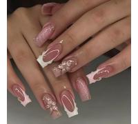 French Tip Press on Nails Medium Long Square, 24 PCS 3D Flower False Nails with Pearl Beads, Glossy Nude Pink Floral Glue on Nails, Reusable Acrylic Full Cover Artificial Nails for Women Girls