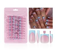 French Tip Press On Nails Medium Square 60 Pieces, Pink with Blue Line False Nails Set, Acrylic Nails for Women Manicure, Toe Nails and Fingernails Kit Including Adhesive Tabs Nail File Stick
