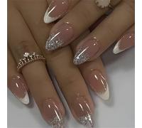 French Tip Press On Nails Mediums Length Full Covers False Nails Sparkling Artificial Nails Glittering Stick On Nails