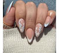 French Tip Press on Nails Oval Medium - Blue White False Nails with Flower & Bow Design - Almond Floral Ballet Stick on Nails with Glue - Full Cover Acrylic Fake Nail for Women Girls Summer Nail Art