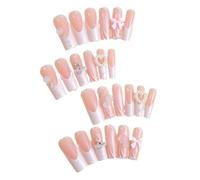 French Tip Press On Nails - ShiningUU 24pcs Plastic Fake Nails with Pink-White Gradient Square Design, 3D Shiny False Nails with Love Pearl & Rhinestones, Full Cover Stick on Nail with Glue for Women