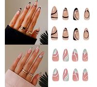 French Tip Press on Nails Short Almond Shape - 48Pcs Black Wavy Lines Design, with Nail File & Adhesive Tabs, Reusable Full Cover Fake Nails for Women & Girls