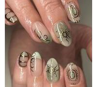 French Tip Press on Nails Short Almond Spring Fake Nails with Gold Sun Design Green Glitter Glue on False Nail Glossy Goth Acrylic Artificial Stick for Women 24Pcs (3-Green Glitter French)
