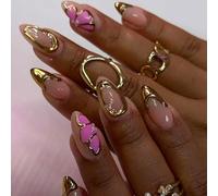 French Tip Press on Nails Short Almond Spring Fake Nails with Gold Sun Design Green Glitter Glue on False Nail Glossy Goth Acrylic Artificial Stick for Women 24Pcs (4-Gold Chrome Pink Butterfly)