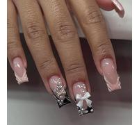 French Tip Press on Nails Short Almond Spring Fake Nails with Gold Sun Design Green Glitter Glue on False Nail Glossy Goth Acrylic Artificial Stick for Women 24Pcs (1-Star Bow Pearl Charms)
