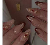 French Tip Press on Nails Short Almond Spring Fake Nails with Gold Sun Design Green Glitter Glue on False Nail Glossy Goth Acrylic Artificial Stick for Women 24Pcs (9-Maroon French)