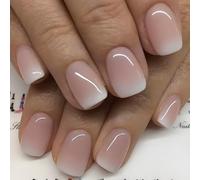 French Tip Press on Nails Short Square Fake Nails Pink White Gradient False Nails with Design Glossy Acrylic Artificial Nails Full Cover Stick on Nails for Women Girls DIY Manicure 24Pcs