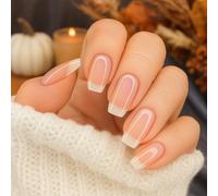 French Tip Press On Nails Short Square False Nails Kit - 24Pcs Gradient Nude Manicure Polish Set for Women with Clear Base Coat & Top Stick On Tips Glitter Neon Daily Wear