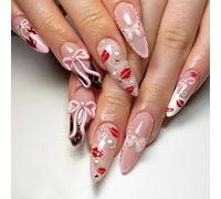 French Tip Press On Nails with 3D Bows & Lip Decals - Pink French Tip False Nails Short Square Shape, Glue On Nails, Acrylic Press On Nails for Women & Kids