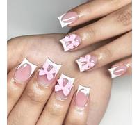 French Tip Press On Nails with 3D Pink Bows - Square Shape Glossy False Nails Short, Artificial Stick On for Women, Easy Apply & for Casual Wear, Special Events, French Manicure Style, White Tip Pink
