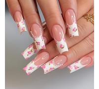 French Tip Press on Nails with Floral Pearl Design & Elegant 3D Bow - Fake Nails Short Almond Shape Stick On for Women, Reusable Full Cover Acrylic False Extension Kit Square Tips