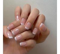 French Tip Press-On Nails with Glossy White Squoval Edge & Natural Nude-Pink Base - Short Square False Nails Kit with Adhesive for Elegant Manicure, Salon-Quality Full Cover Stick On Artificial Tips