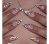 French Tip Press On Nails with Gold Glitter Lines - Almond Stiletto Shape Reusable Manicure Kit for Wedding Office Party Nude Pink Base White Tips Glossy Shine Easy Application Complete Nail