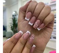 French Tip Press on Nails with Heart Design - Square False Nails in Soft Nude Pink, White French Border and Elegant Touch for Women, Quick Application, 24PCS, Medium Length, Party Ready