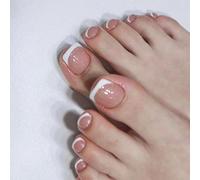 French Tip Press on Toe Nails - 24Pcs Glitter Square False Toenails Short - Light Weight & Reusable French Tip Fake Toe Nails in 12 Sizes