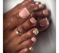 French Tip Press On Toe Nails - 24Pcs Short Square Fake Toe Nails - Nude False Toenails with Gold Accents & Pearl Details - Full Cover Artificial Stick On Toenails for Women Reusable