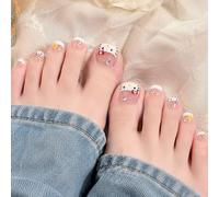 French Tip Press On Toe Nails - Cute Fake Toe Nails with Cat Star Diamond Design - 24Pcs Short Square False Toenails with Glue - Removable Full Cover Acrylic Stick on Toenails
