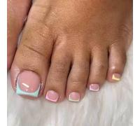 French Tip Press on Toenails - 24Pcs Short Square Rainbow False Toenails with Glue - Pastel Nude Pink Based Stick on Toenails for Women - Glossy Reusable Fake Toe Nail Kit 12Sizes Decorations Gift