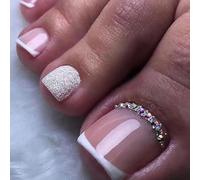 French Tip Press on Toenails Square False Toes Nails Full Cover Glue on Toenails with Rhinestones Design Glossy White Nail Tips Acrylic Toenails Bling Glitters Stick on Nails for Women and Girls