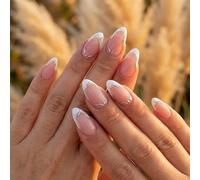 French Tip Silver Outline False Nails with Glossy Nude Pink Base - 24 Pcs Short Almond Full Cover Stick-On Artificial Nail Tips for Wedding Party Manicure & Special Occasions