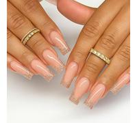 French Tip with a Twist - 24Pcs Glitter Nude Square Press On Nails with Sparkling Rhinestone Accent - Elegant Acrylic False Nail Art for Parties, Weddings, and Daily Glam