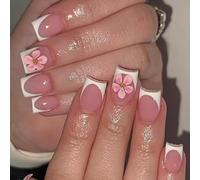 French Tip with Raised Flowers Lightweight Fake for Daily Wear Floral Press on