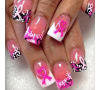 French Tips Breast Cancer Press on Nails Pink Ribbon Design False Nails | Short Square Fake Nails Pink Breast Cancer Awareness Artificial Nails for Women and Girls Manicure Decoration 24Pcs