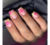 French Tips Fake Nails Glues on Stick on Flower Press on Artificial False for Womens Stick on